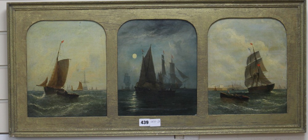 William Adolphus Knell (1801-1875) set of three oils on canvas board, Fishing boats at sea by day and night, all three signed, each 28